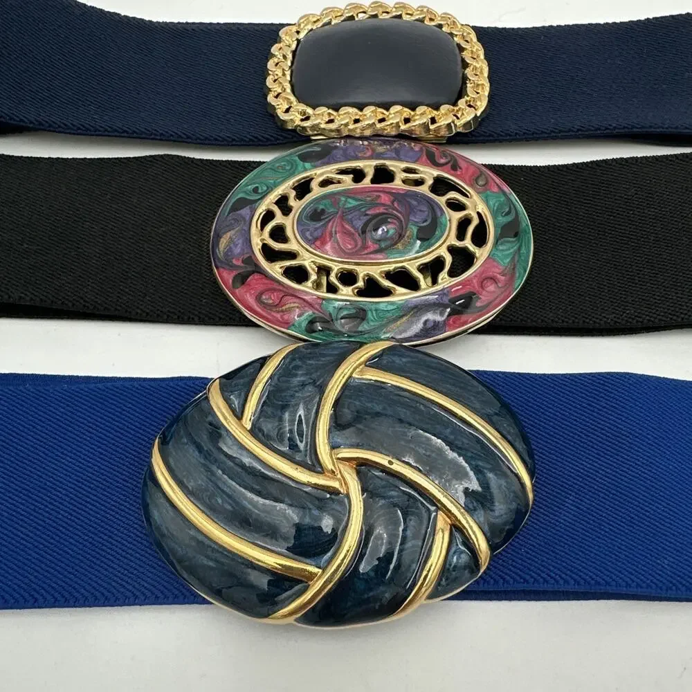 Set Of 3 Vintage 80s Lacquered Gold Tone Buckle Elastic Stretch Belts